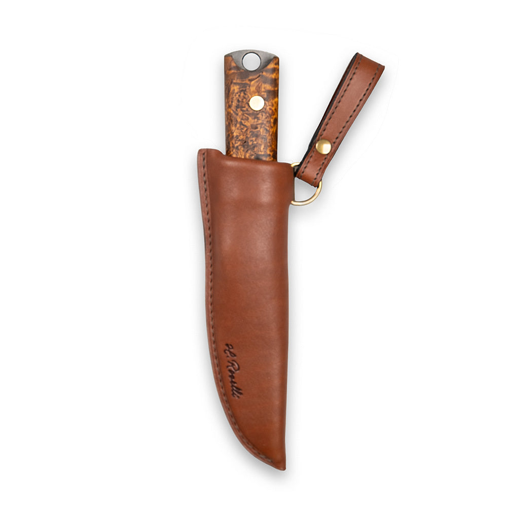 Handmade Finnish bushcraft knife from Roselli in model "Heimo 4" with a full tang blade and a handle made out of stained curly birch