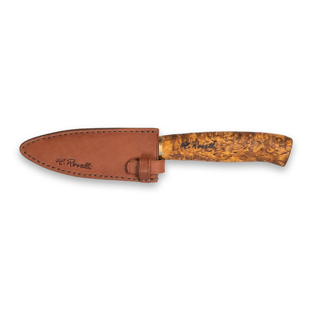 Handmade kitchen knife from Roselli, inspired by Japanese cuisine. Featuring a curly birch handle and a carbon steel blade, it comes with a handcrafted leather sheath.
