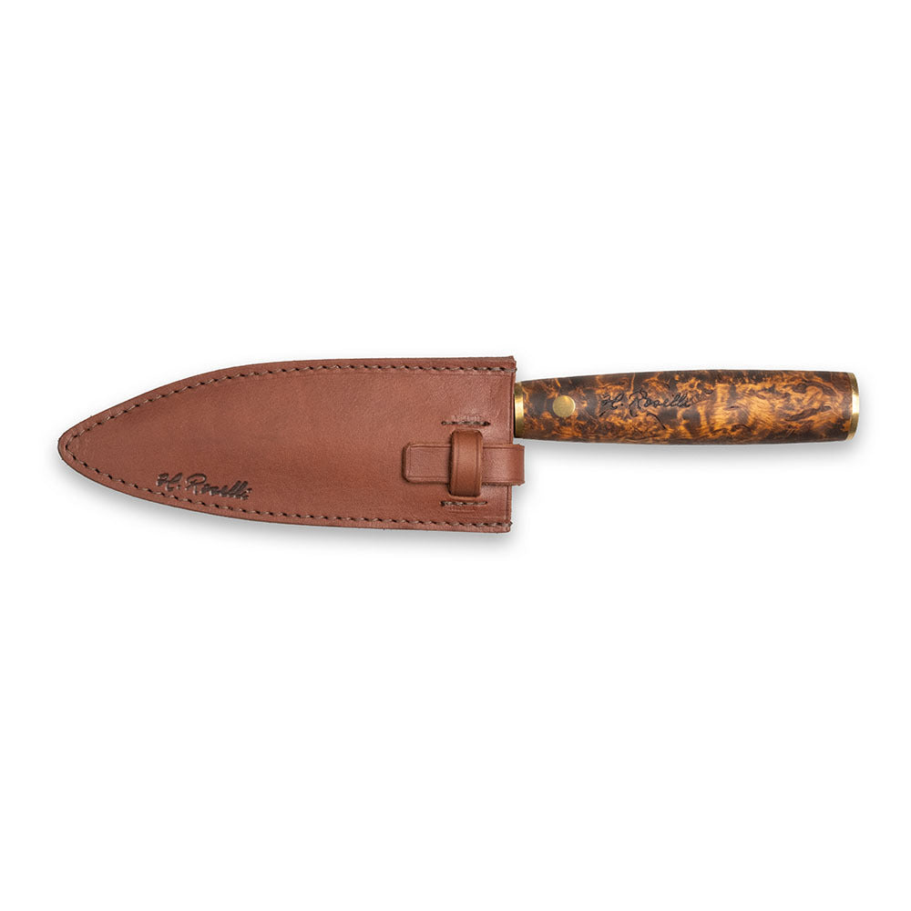 Handmade Damascus steel kitchen knife made by hand in our factory in Finland. The Damascus steel has 37 layers of steel. Comes with a handle made from stained curly birch and a handmade leather sheath.