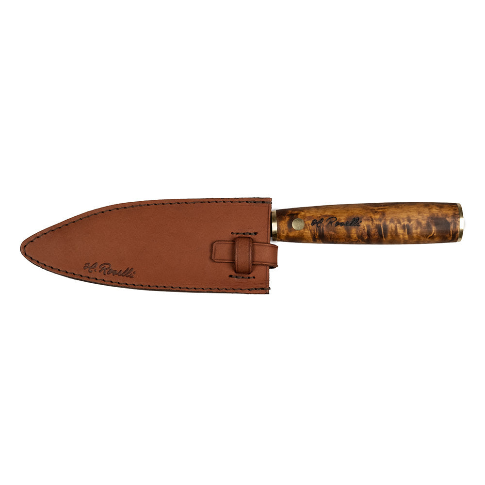 Roselli's handcrafted Santoku kitchen knife in high-carbon steel (UHC steel) with a stained curly birch handle. Delivered with a handmade leather sheath.