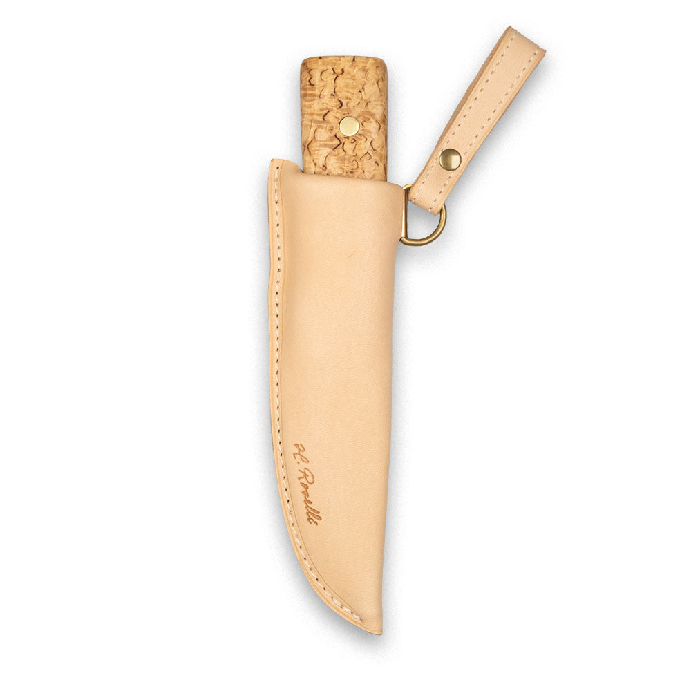Handmade Finnish hunting knife with a full tang blade and a handle made out of curly birch and a sheath made out of light tanned leather sheath