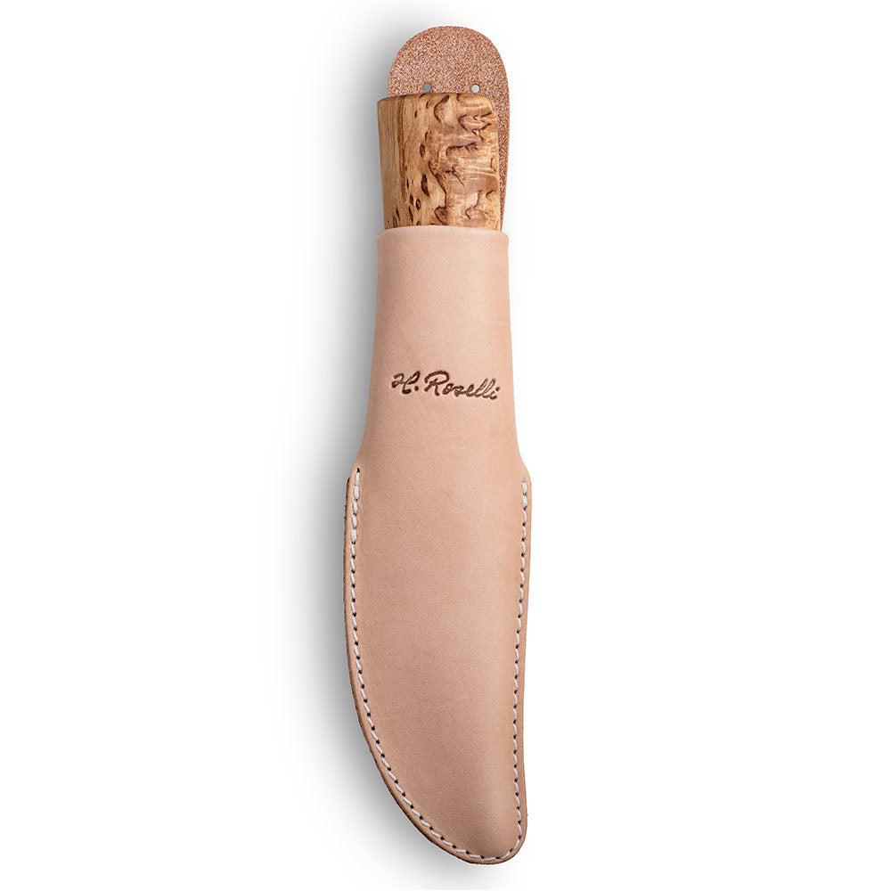 Handmade Finnish hunting knife from Roselli with a handle made out of curly birch comes with a light tanned leather sheath