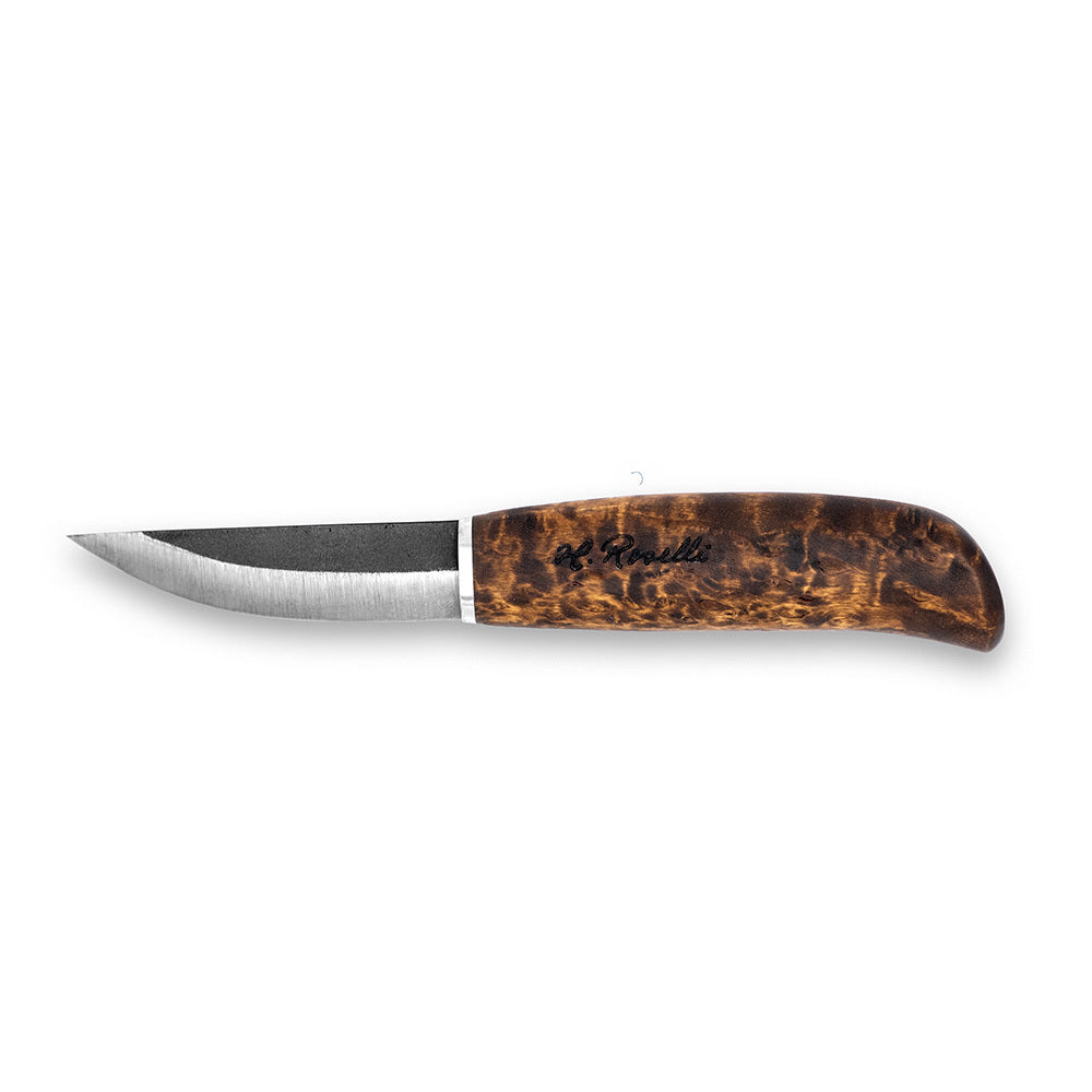 Limited edition outdoor and hunting knife by Roselli, handmade in Finland from premium carbon steel with a stained curly birch handle. Includes a handmade sheath crafted from Finnish vegetable-tanned leather.