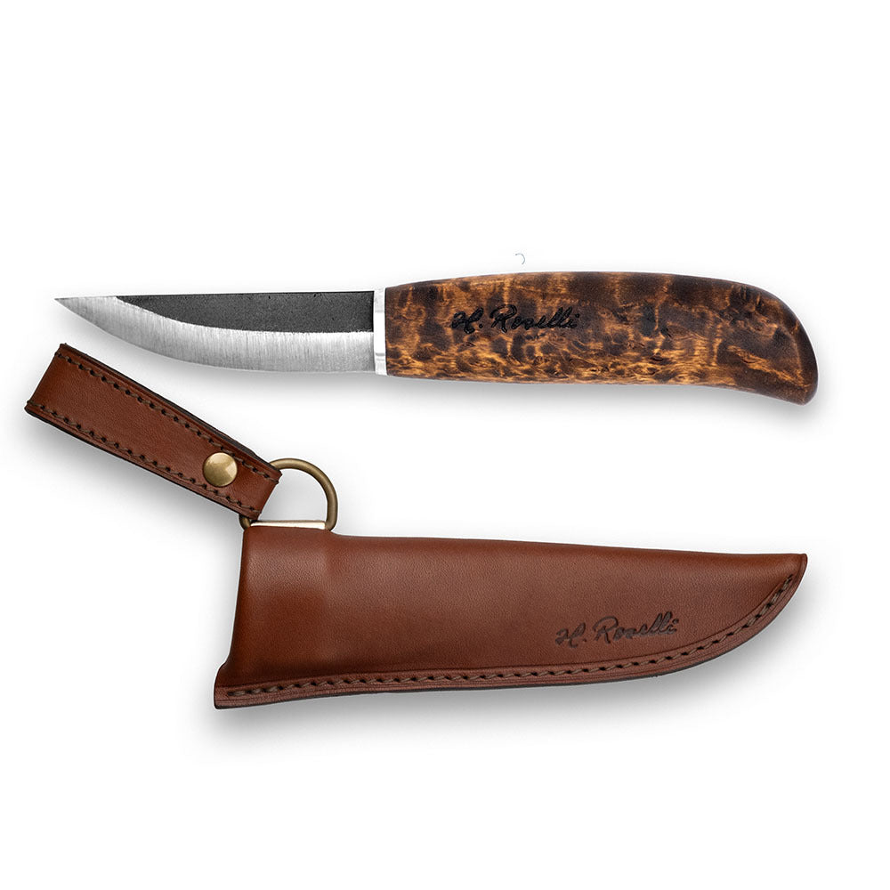 Limited edition outdoor and hunting knife by Roselli, handmade in Finland from premium carbon steel with a stained curly birch handle. Includes a handmade sheath crafted from Finnish vegetable-tanned leather.
