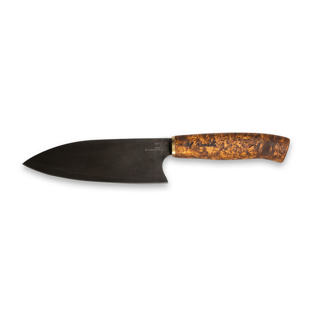 Handmade kitchen knife from Roselli, inspired by Japanese cuisine. Featuring a curly birch handle and a carbon steel blade, it comes with a handcrafted leather sheath.