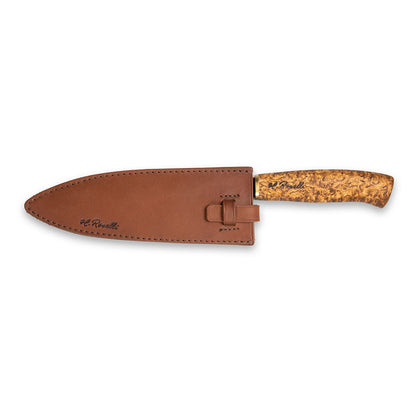 Handmade kitchen knife from Roselli, inspired by Japanese cuisine. Featuring a curly birch handle and a carbon steel blade, it comes with a handcrafted leather sheath.