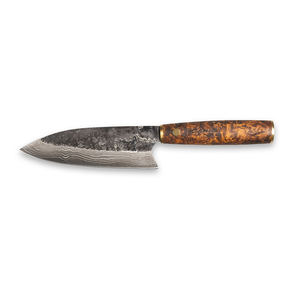 Handmade Damascus steel kitchen knife made by hand in our factory in Finland. The Damascus steel has 37 layers of steel. Comes with a handle made from stained curly birch and a handmade leather sheath.
