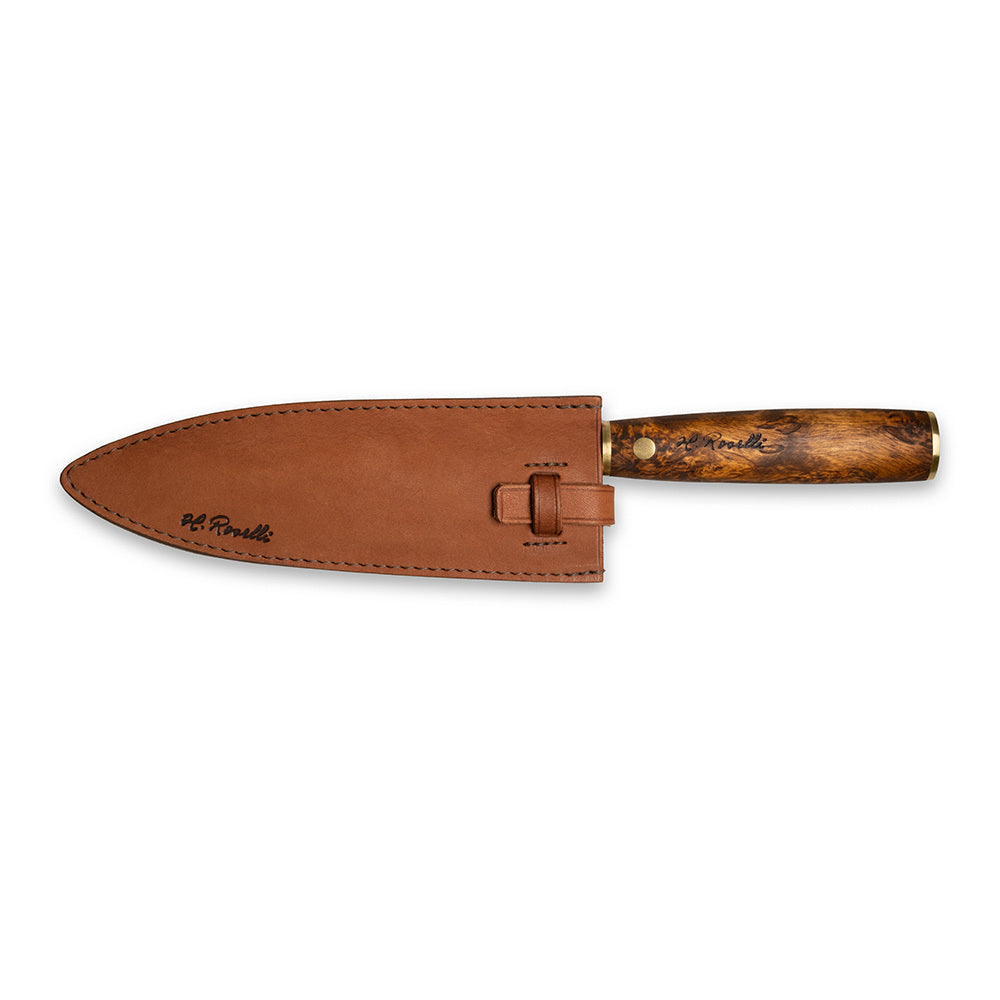 Roselli's handcrafted Gyuto kitchen knife in high-carbon steel (UHC steel) with a stained curly birch handle. Delivered with a handmade leather sheath.