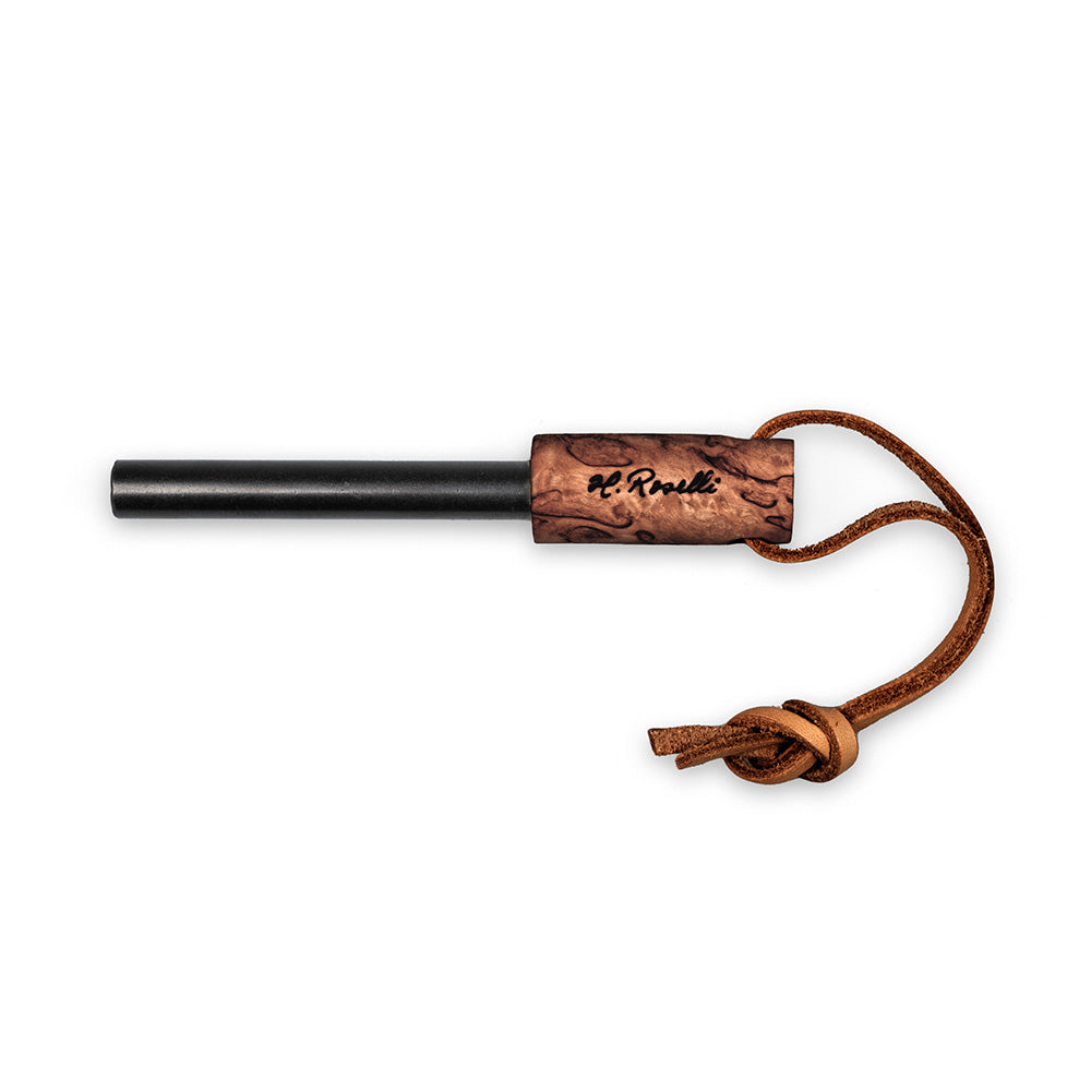 A Roselli firesteel with a black steel rod and a dark curly birch wood handle with a leather strap.