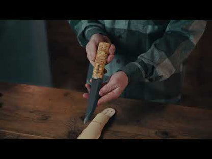 Rosellis Finnish Hunting knife with a long carbon steel blade. 